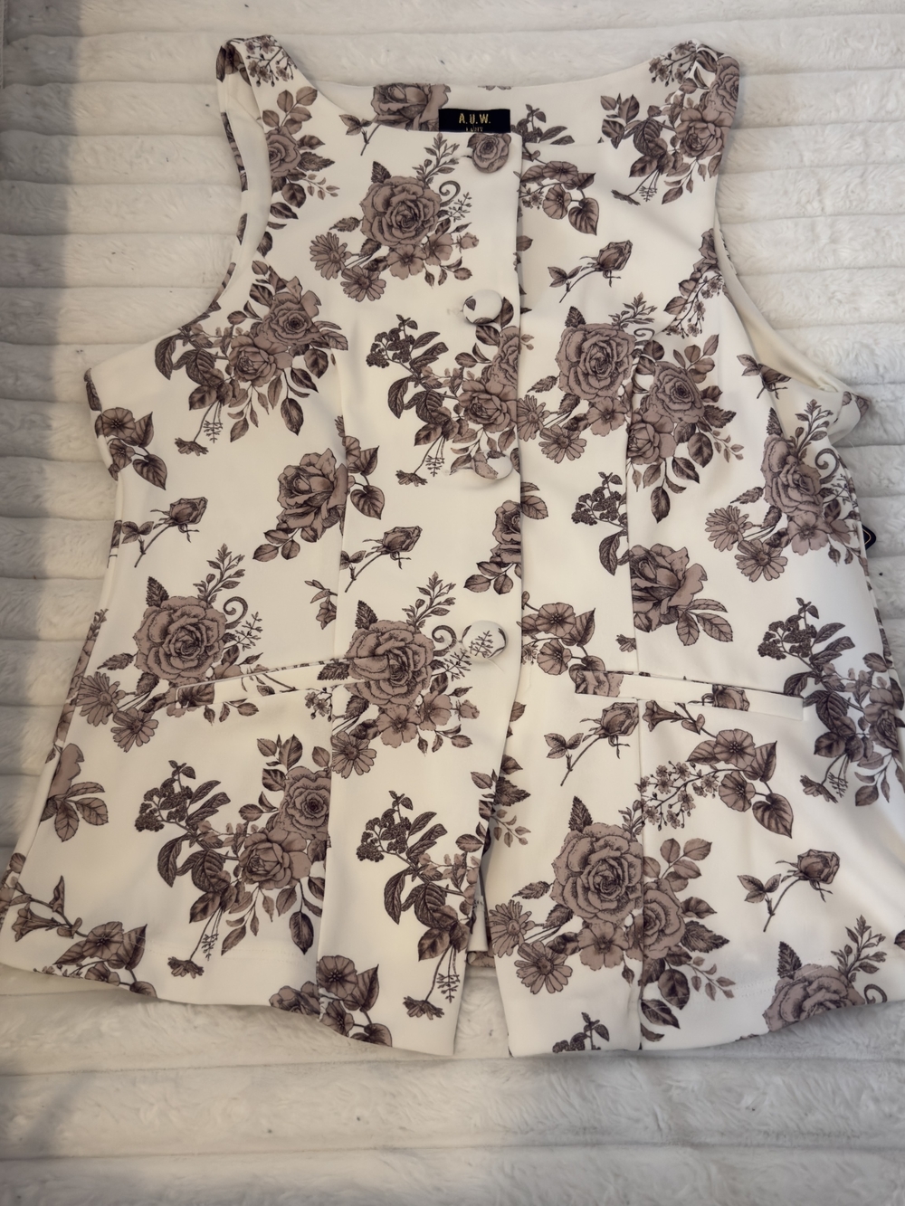 Floral Print Sleeveless Blouse- White with Brown Floral